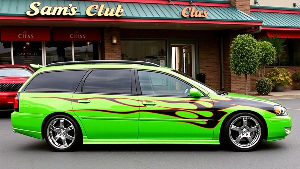 suped up 2004 chevy impala stationwagon green with black flames outlined with a thin red pinstripe, in front of Sam's club, SuperSport car, impressive, VIP, award winning, detailed