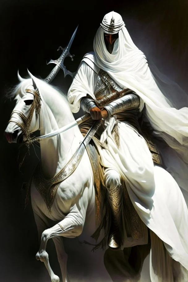 An Arab warrior holding two swords, sitting on horseback, wearing a white robe, strong, mysterious, frightening, fantasy, high quality