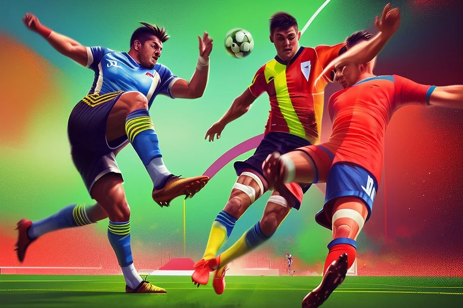 Oil painting, football match, the striker is kicking a goal, the ball is flying, bright but not neon colours, dynamic lines, dynamic blobs, spots, lines in the background of the character, like a colour explosion