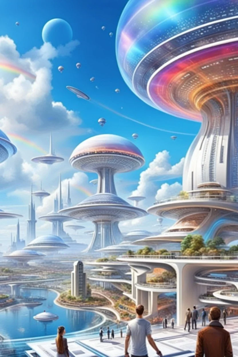 ville futuriste ultra moderne, ufos, rainbows,intergalactic city