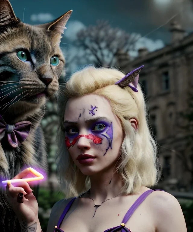 Ultra realistic afternoon photo, happy couple, blonde Alice woman and purple cat smoking a pipe, circus blue dress style, black headband with bow, old school body tattoo, smoke, marihuana garden, glow eyes, perfect iris, soft color, highly detailed, unreal engine 5, ray tracing, RTX, lumen lighting, ultra detail, volumetric lighting, high definition.