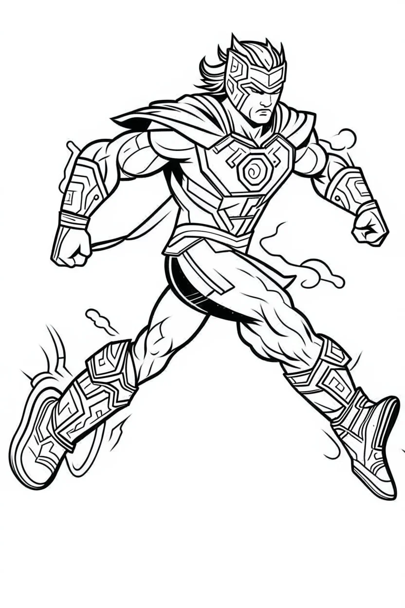 outline art for real Avengers thor running Coloring page, Japanese manga style, cartoon style, cute face, white background sketch style, full body is a must, only use an outline, clean line art, no shadow, bold outline