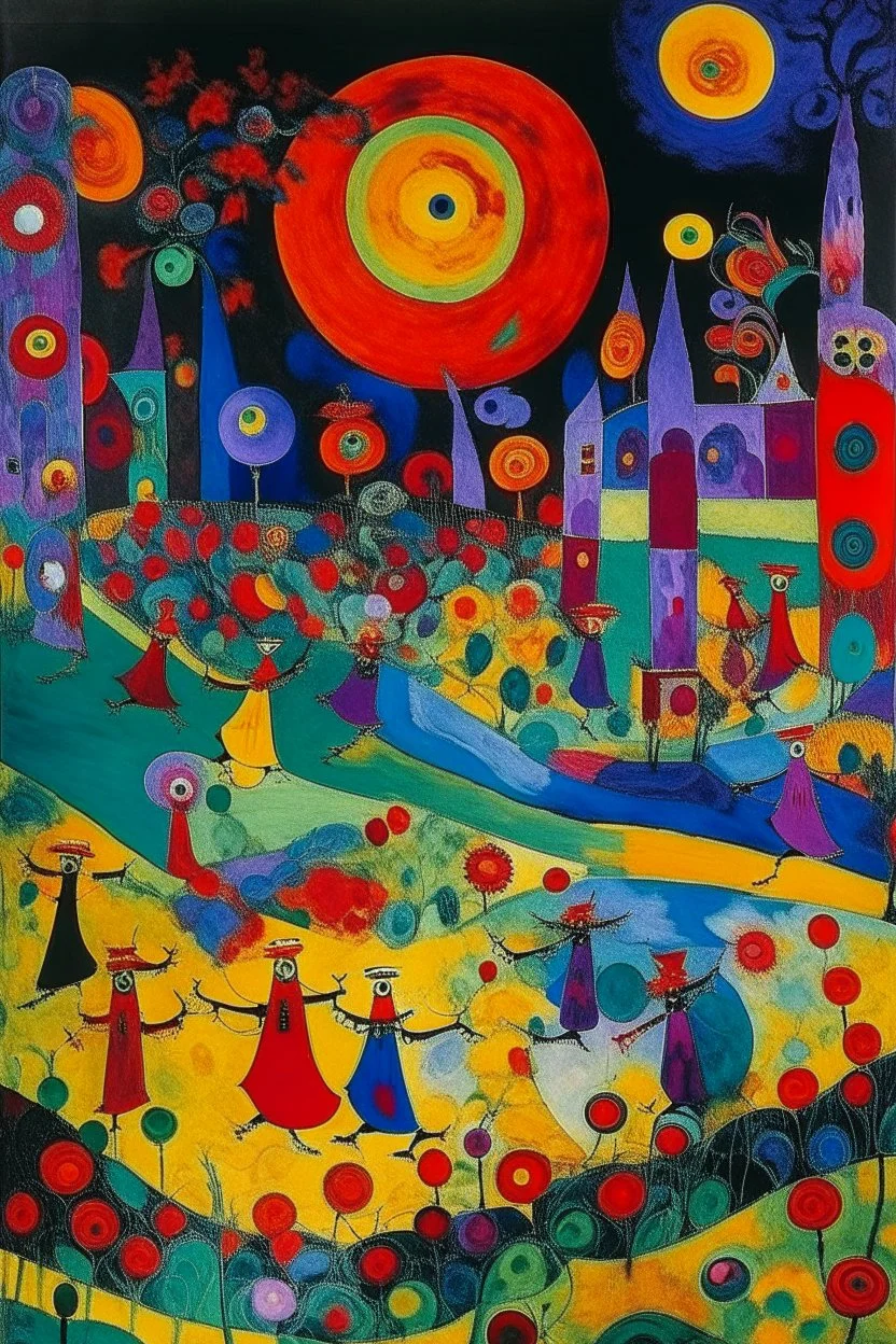 A purple graveyard with dancing ghosts painted by Wassily Kandinsky