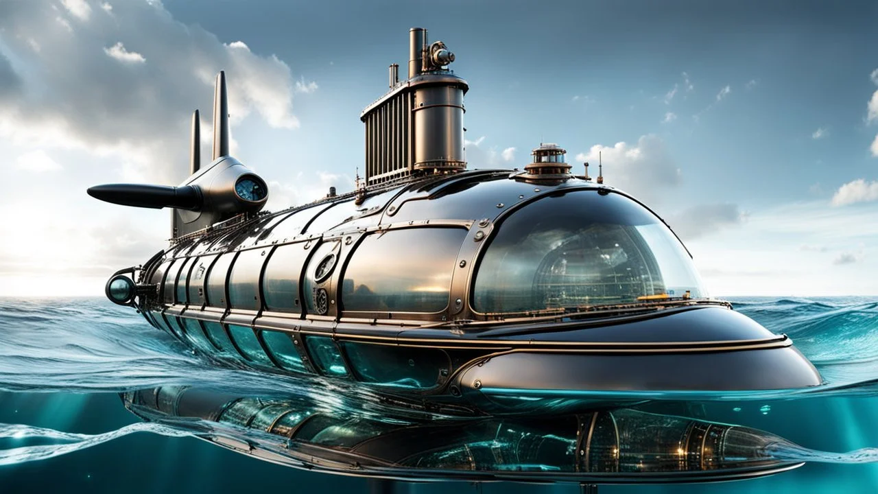 An extreme cyber steampunk glass and metal submarine in the ocean, with large of water surrounding it. The submarine bottom positioned in the center of the frame, providing a unique perspective on this streamlined high-techstructure and interior equipment underwater, high detalied, sharp focus, best shot, sci-fi mood