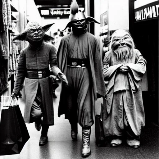 Creepy old photo of star wars Yoda and ewok type people out shopping at old town