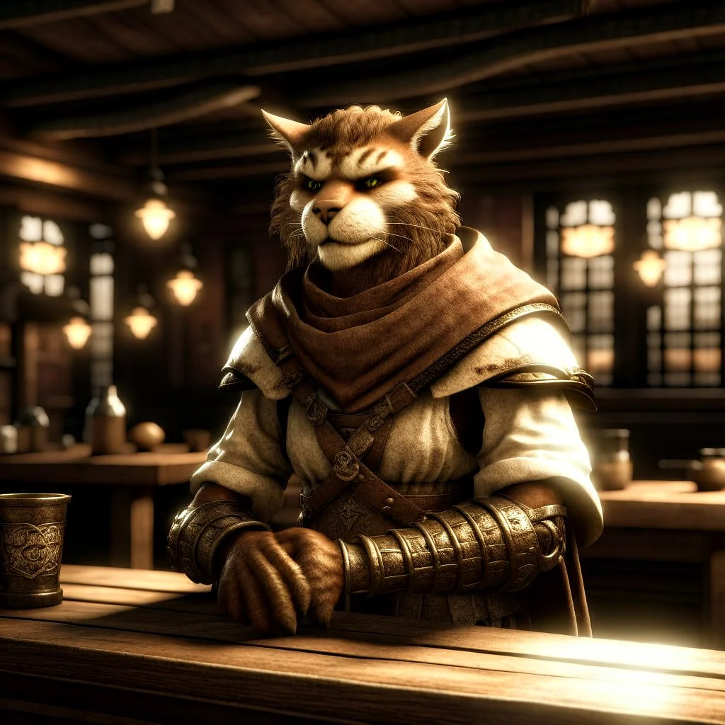 A distressed male khajiit from Skyrim dressed in rags with brown spotted fur in a medieval fantasy tavern