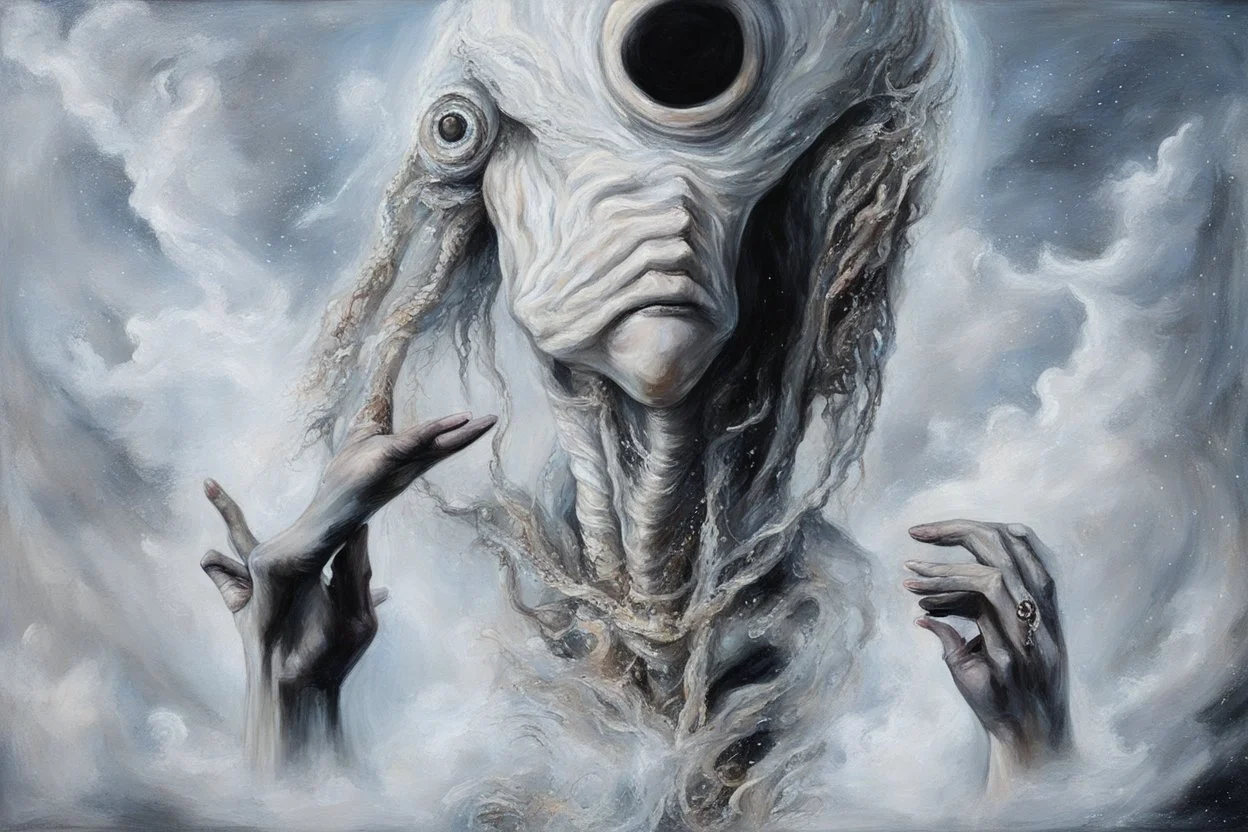 oil painting, Believing the strangest things, loving the alien And your prayers they break the sky in two