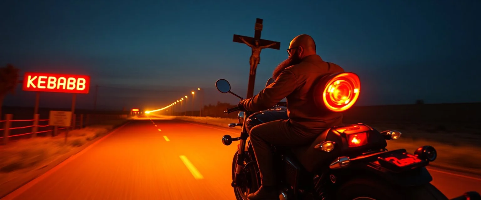 The kebab man driving fast on his motorcycle, fire from the exhaust, widescreen picture, empty road on the country at night, comic style, no helmet and he have a long black beard, neon kebab signs along the road, jesus at his cross