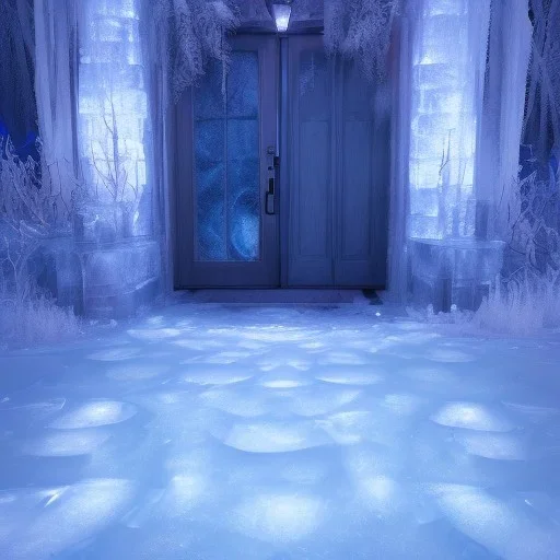 ethereal winter flowers, carved ice door at the end of ice steps, magical atmosphere, Beardsley, Unreal render, mdjourny v3 style, cinematic blue