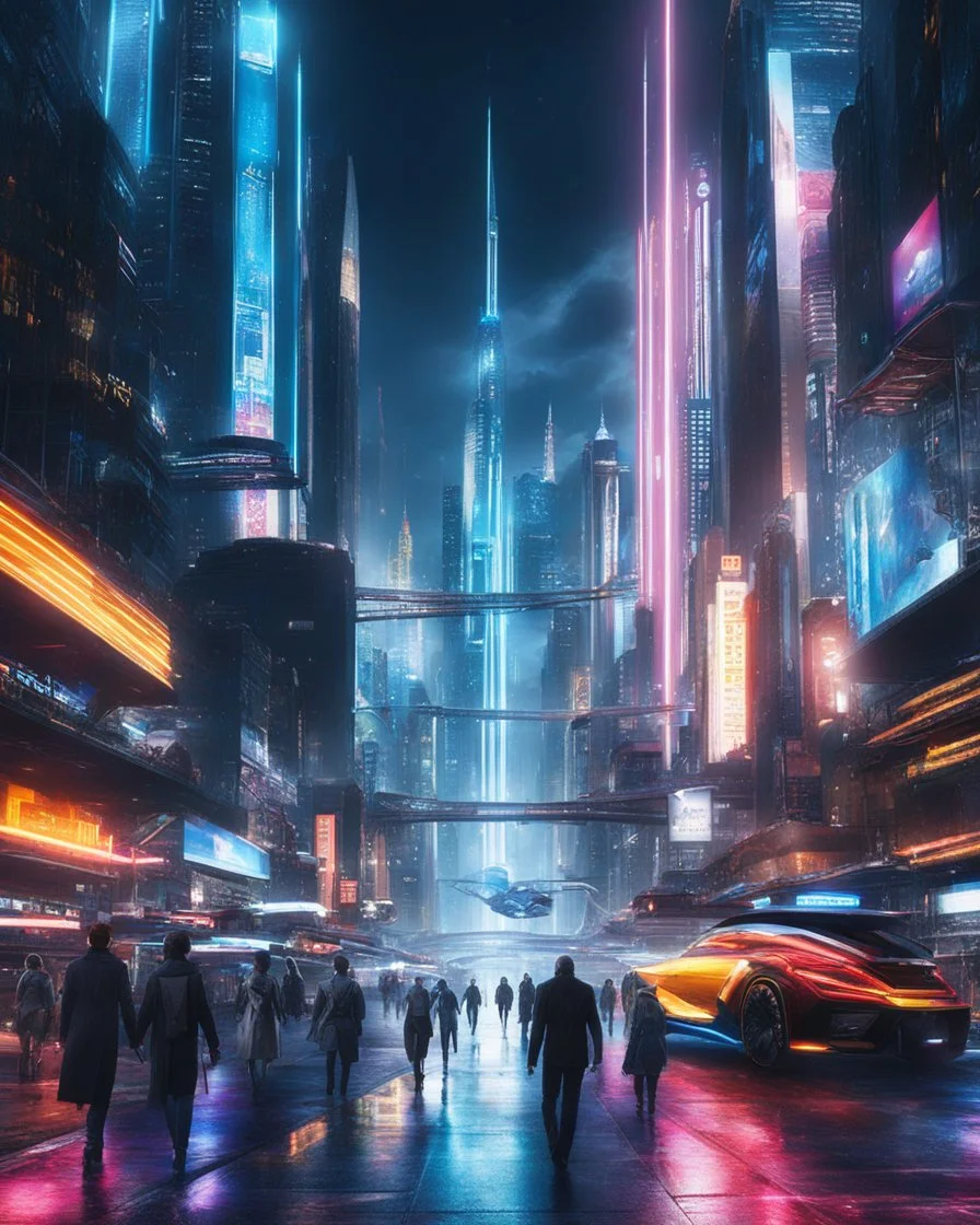 Create an image that enhances the existing futuristic cityscape by adding more dynamic elements such as flying vehicles, holographic advertisements, and a diverse array of futuristic dressed pedestrians to make the scene more interesting and cool with neon effects.