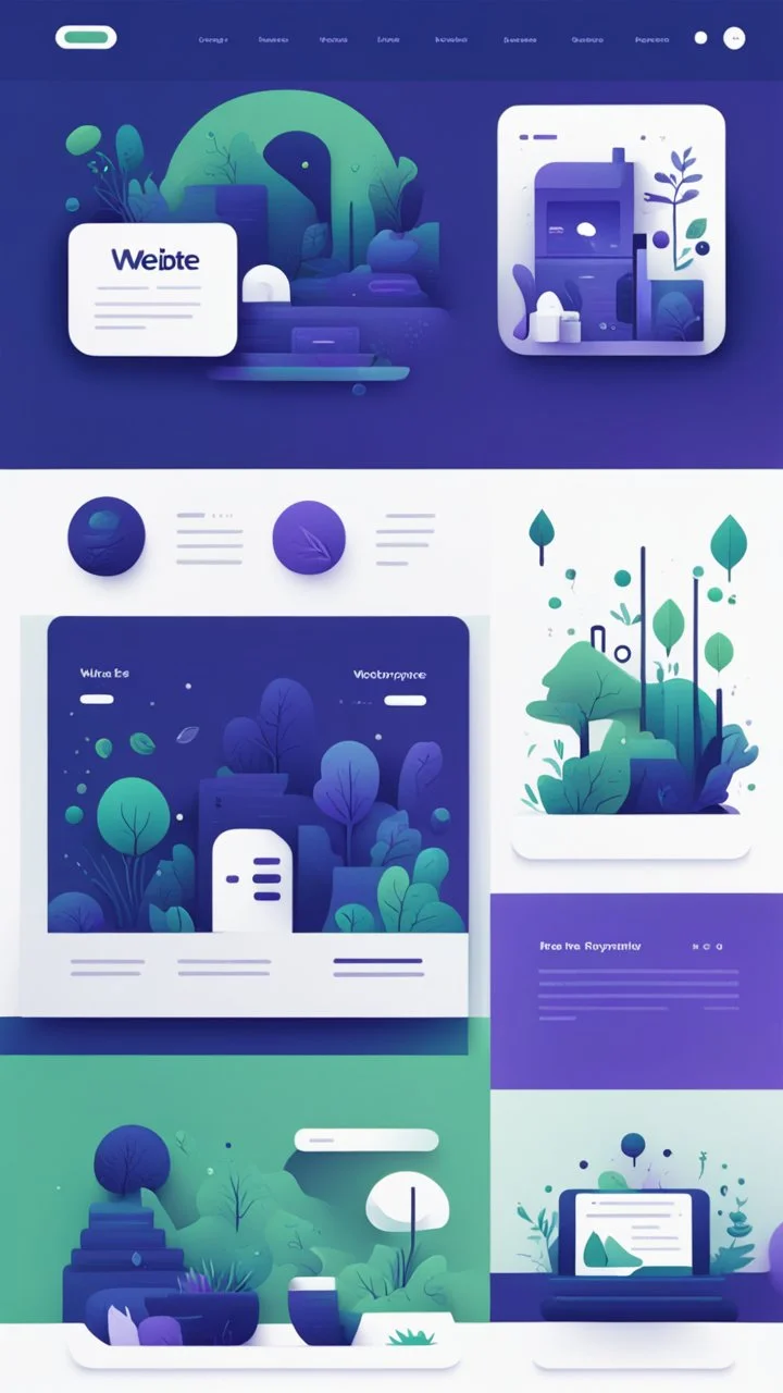 illustrations with a simple art style that show webiste's home page use dark blue-purple and bright green