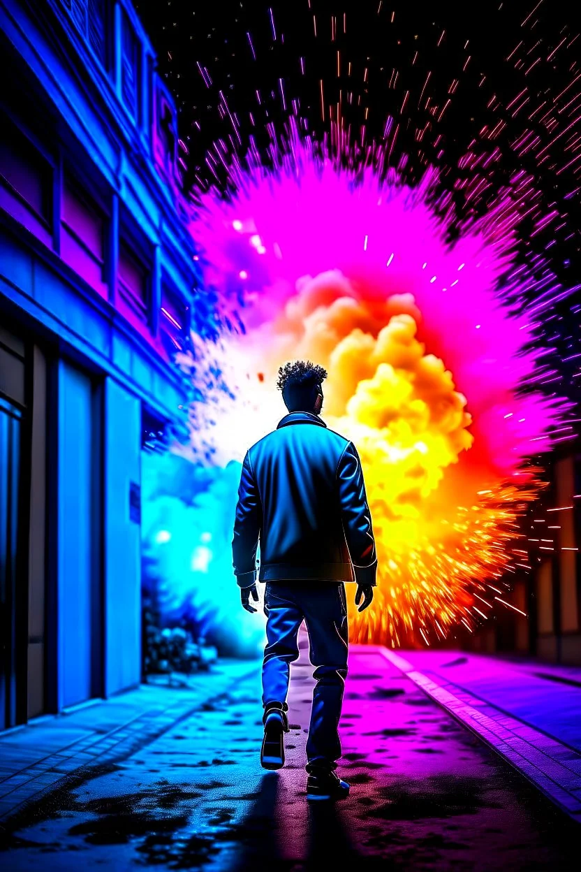 Young man walking away from a building that is exploding at night, with coloured auras all around him