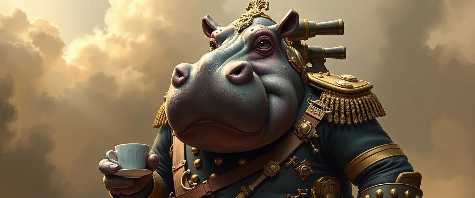 Giff Huge hippo-headed humanoid in an ornate military uniform, built like a tank. Teacup, telescope Treats absolutely everything as a military operation.