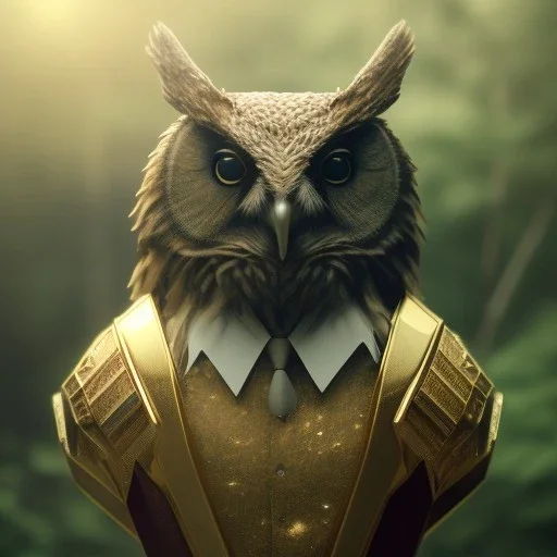 realistic, octane portrait, natural lighting,full body shining gold metal, elegant, bokeh, volumetric lighting, extreme detail, Photorealism, High detail, Hyper realistic Owl in forest, macro lens blur,cinematic, cinema4d, HDR, 8k, unreal engine 5