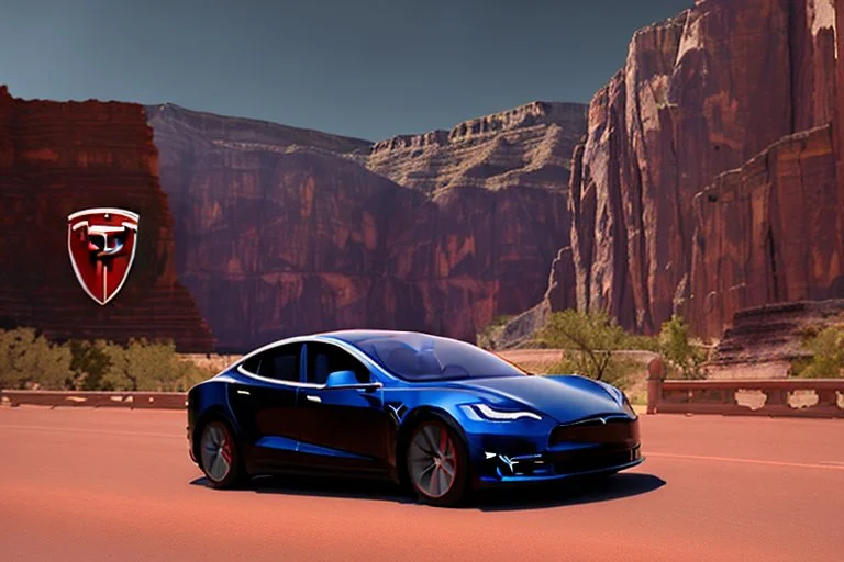 A Tesla 'Model Y' is going at a high speed, in the 'Grand Canyon National Park'. (CINEMATIC, WIDE ANGLE LENS, PHOTO REAL)