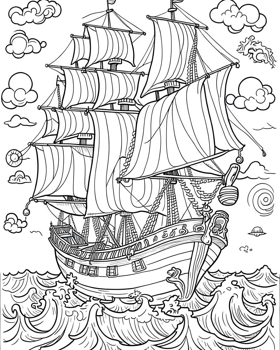 Pirate Ship Adventure: Design a coloring page showcasing a majestic pirate ship sailing through rough seas. Include elements like billowing sails, Jolly Roger flag, and crashing waves for an exciting coloring challenge.