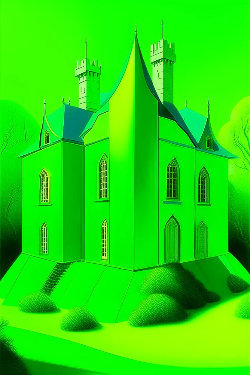 A neon green defensive chateau with shields painted by Edward Hicks