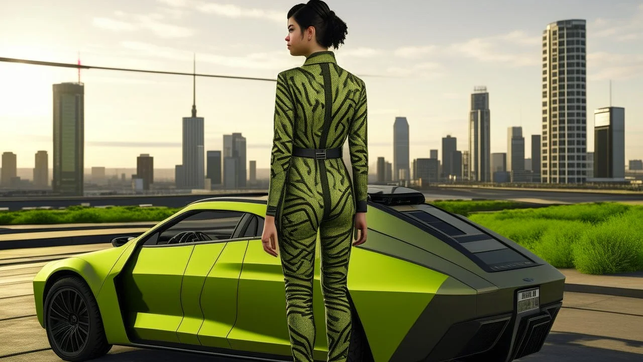 Tall thin women, with straight black hair, dressed in a camouflaged jumpsuit, looking out from the rear of a futuristic aircar, on a tarmac runway, with a city skyline in the distance