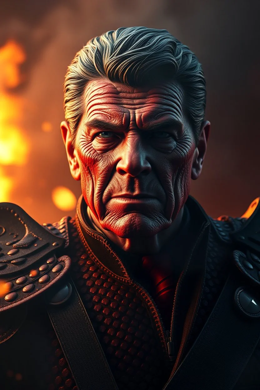 President Reagan. red skin, scales, unreal engine 6, high detail, intricate, cinematic. photoshoot style, intricate, studio lighting, masterpiece , highly detailed, 8k, best quality, fire, smoke, dramatic,d,<lora:mshn:0.7>,<lyco:Warrior_Couture:0.5>,