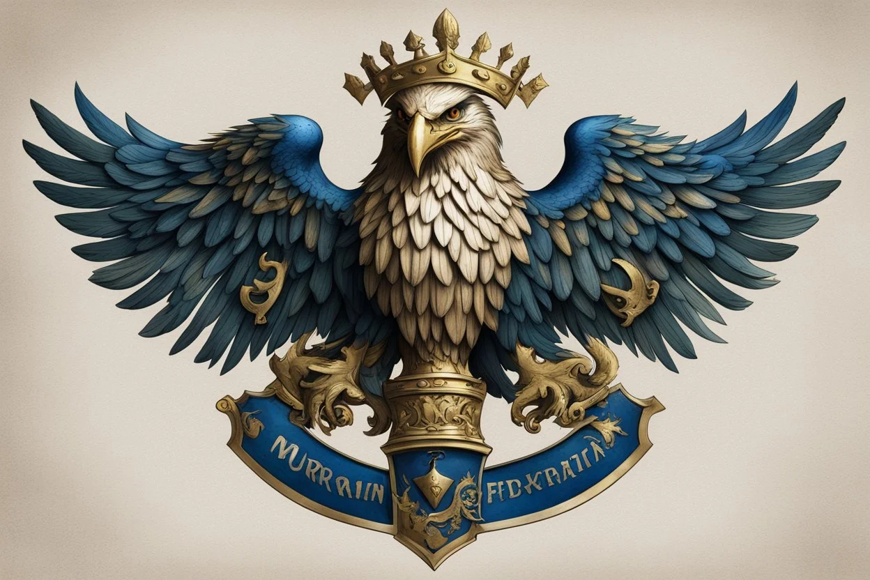 Coat of arms of the Murinian Federation; brass eagle; holding sword and szepter; blue, green, white;