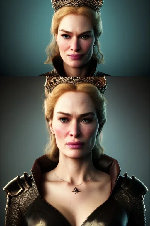 Cersei Lannister as evil queen in black leather, busty, cleavage, curvy, lena headay, angry, stern look. character design by cory loftis, fenghua zhong, ryohei hase, ismail inceoglu and ruan jia. unreal engine 5, artistic lighting, highly detailed, photorealistic, fantasy