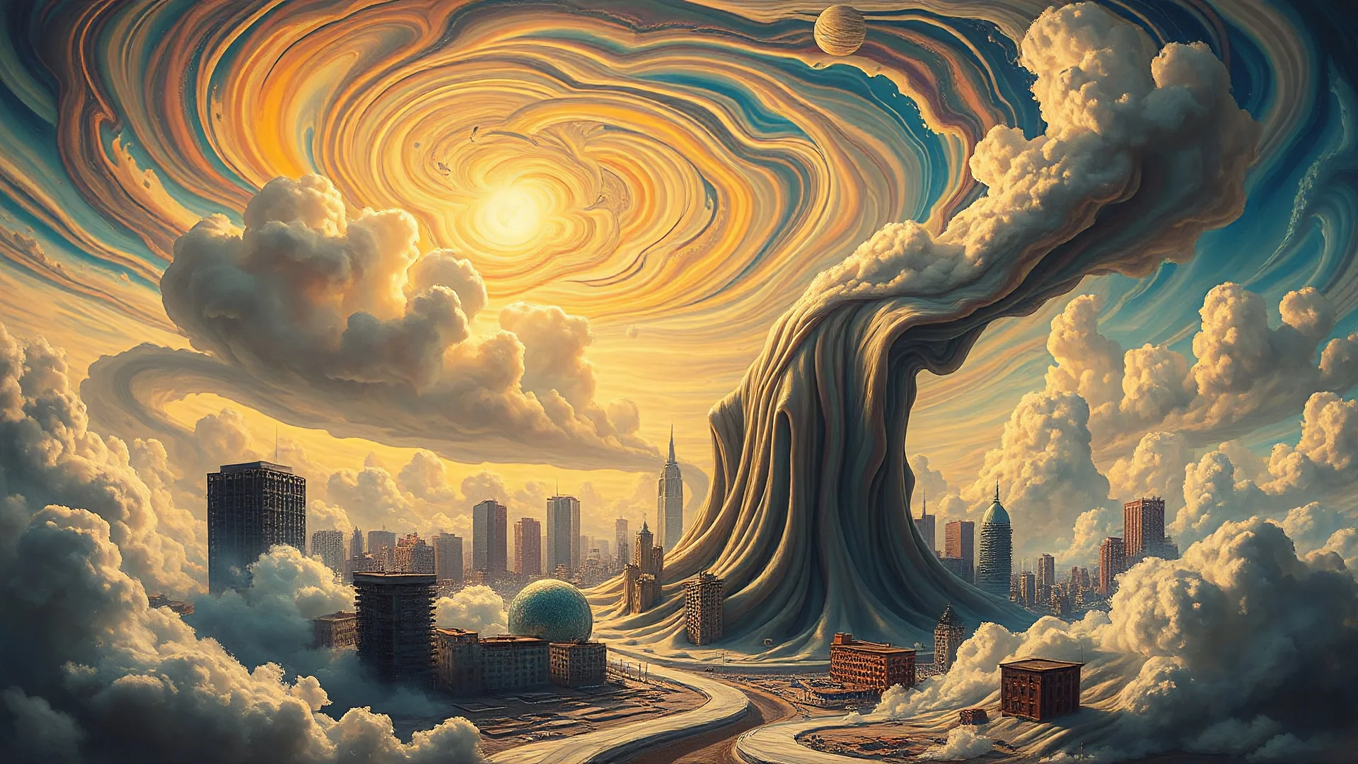 A fantastical, dreamlike scene featuring a melting cityscape with buildings that twist and contort like wax, surrounded by vibrant, swirling clouds and a sky that shimmers with an otherworldly light, as if the very fabric of reality is being warped and distorted, in the style of Salvador Dali and Rene Magritte, with a dash of David Lynch's surrealist mystique.