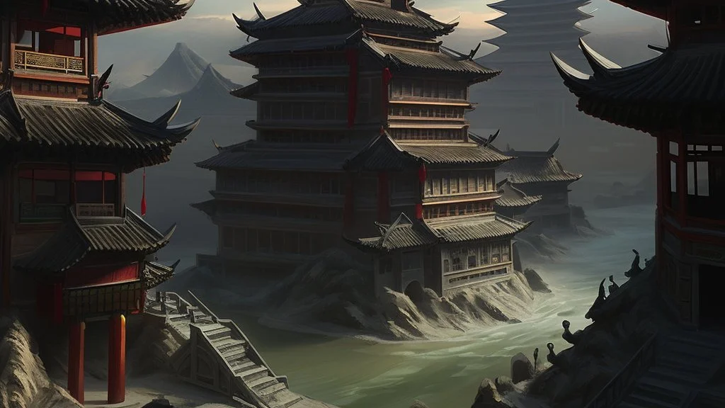 ancient, fantasy, chinese town, dune, crater, sand strom, destroyed chinese houses