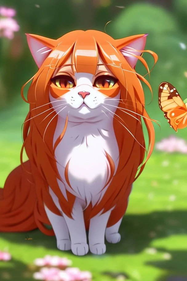 very cute anime cat with long orange hair catching a butterfly