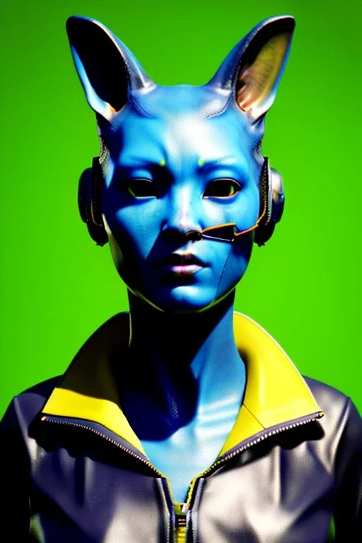 Medium Close Up Portrait, Front image. cyberpunk, rabbit mask, asian woman, cyber hair. Latex shirt. Yellow, black, color. Mad max style. Color background, photo studio. Avatar image, highly detailed, concept art, smooth, unreal engine 5, ray tracing, RTX, lumen lighting, ultra detail, volumetric lighting, 3d, finely drawn, high definition, high resolution.