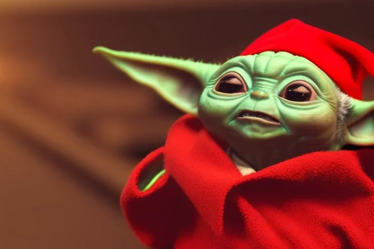 baby yoda wearing a red christmas hat in a jazz club.1960's