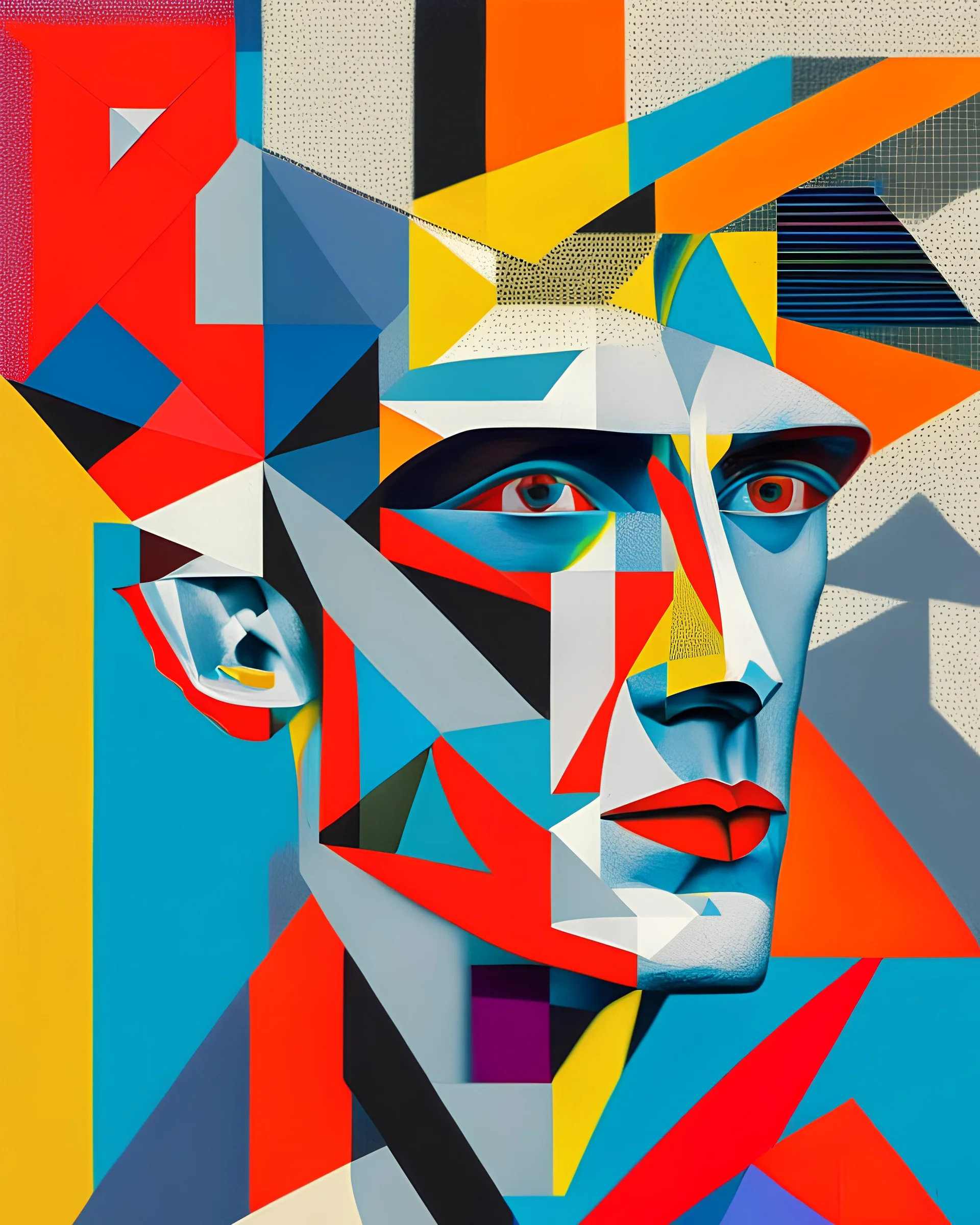 A captivating portrait of an individual whose face is composed of a collage of colorful, abstract shapes and patterns, in the style of constructivism, geometric forms, bold contrasts, and a sense of energy, influenced by the works of Kazimir Malevich and El Lissitzky, challenging traditional notions of portraiture and self-expression.