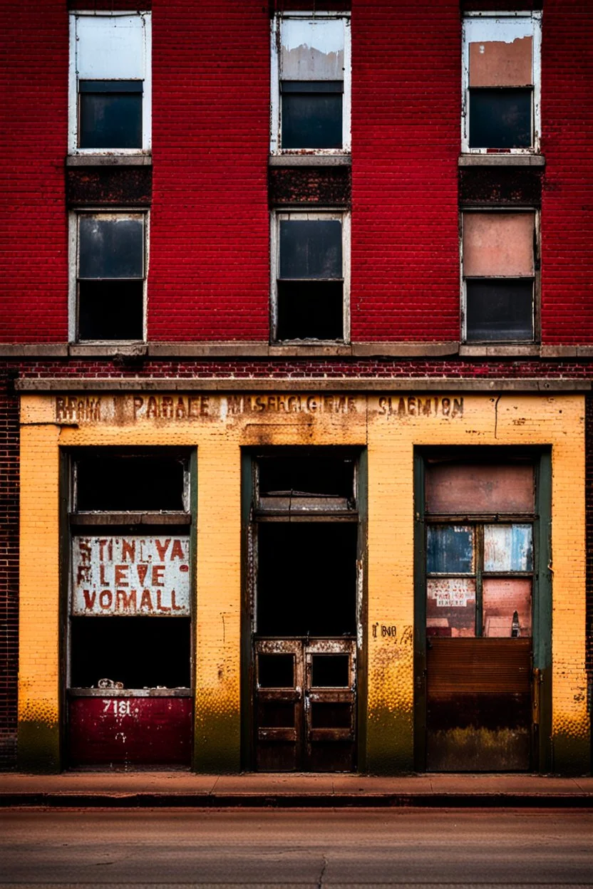 filling the composition is the side of an old brick building, with windows, a doorway at the bottom, and worn out painted sign across the top