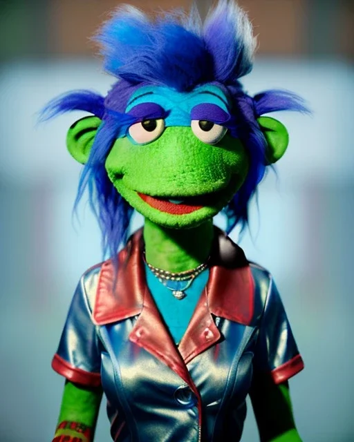 hybrid character, waitress young woman with monster muppet mask that covers her entire head, punk and blue, short shirt, tray, old school tattoo, retro style, Sesame Street style, hot, smooth, unreal engine 5, god lights, ray tracing, RTX, lumen lighting, ultra detail, volumetric lighting, 3d.