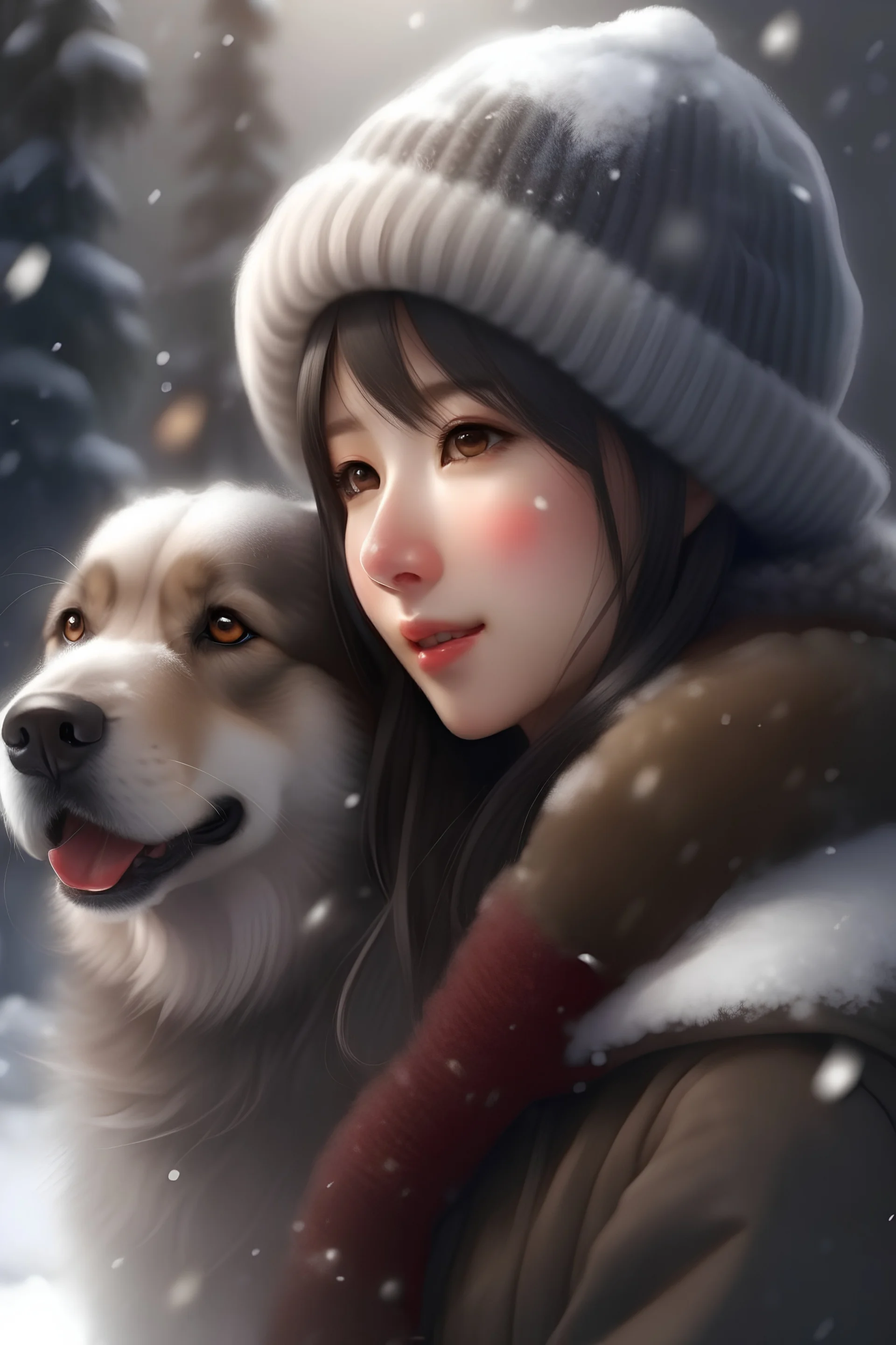 a pretty japanese woman, in winter clothes and hat, snow falling, a dog licking her face, cute, happy, realistic, digital art, 4k