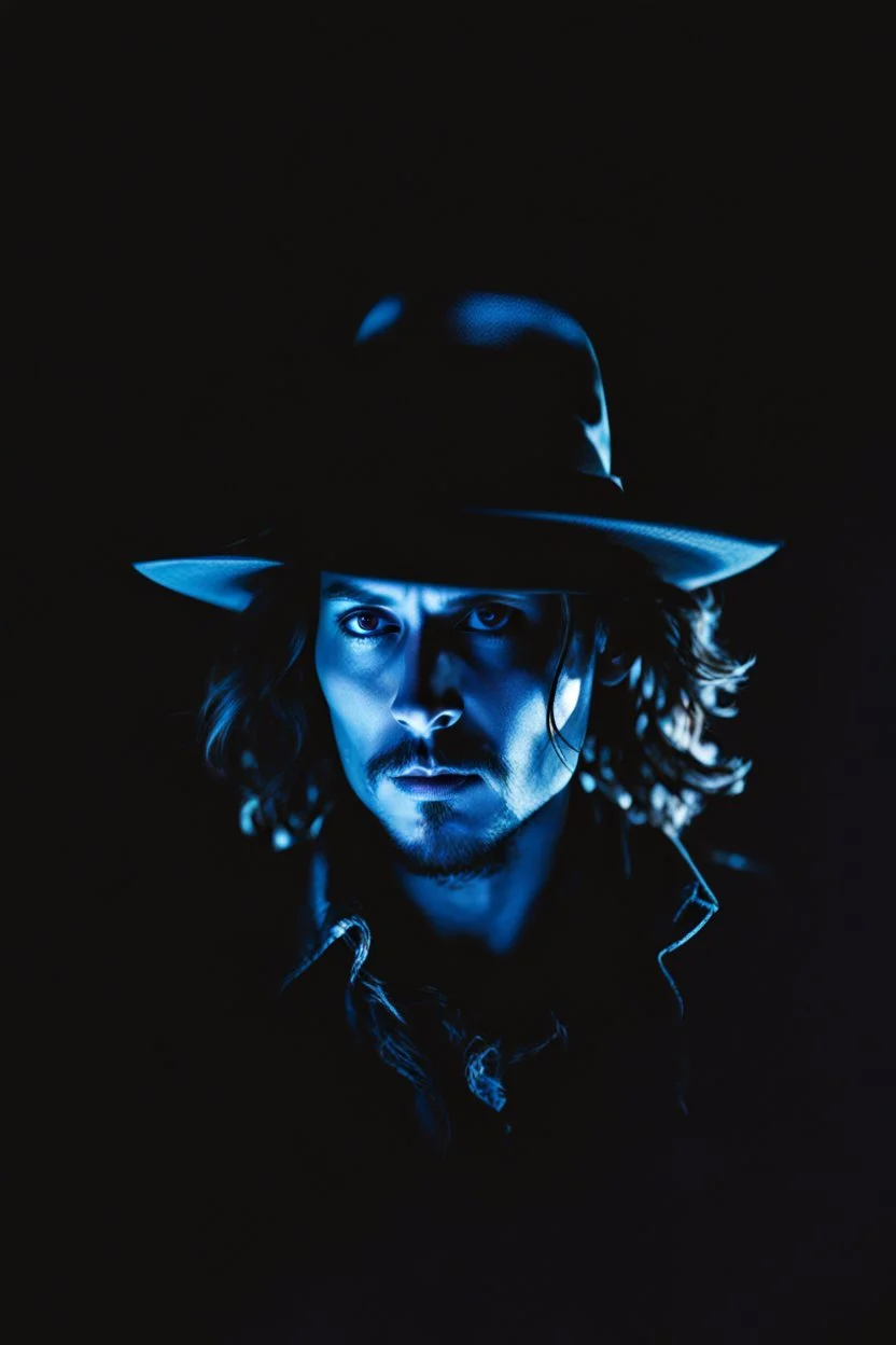 pitch-black background with a blue glowing overhead spotlight effect, Johnny Depp