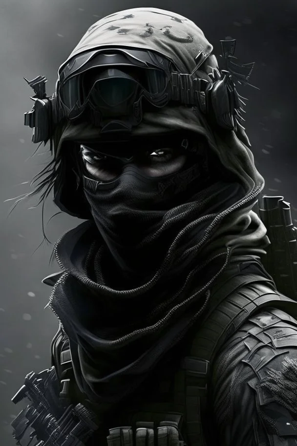 A soldier in the game modern warfare, he wears a solid black creepy helmet that covers his face. He is a sniper, but can also run point. His call sign is Wraith. With him is a woman