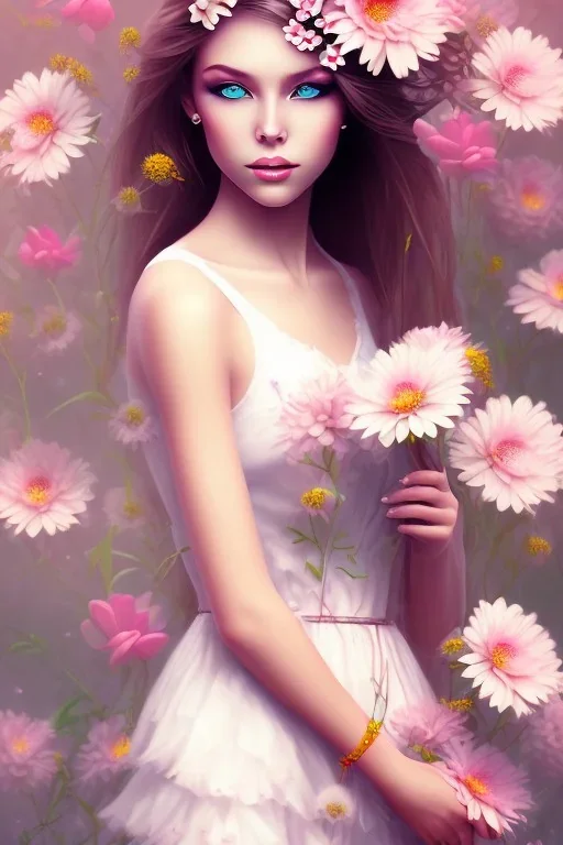 Girl covered by flowers, cute, beautiful