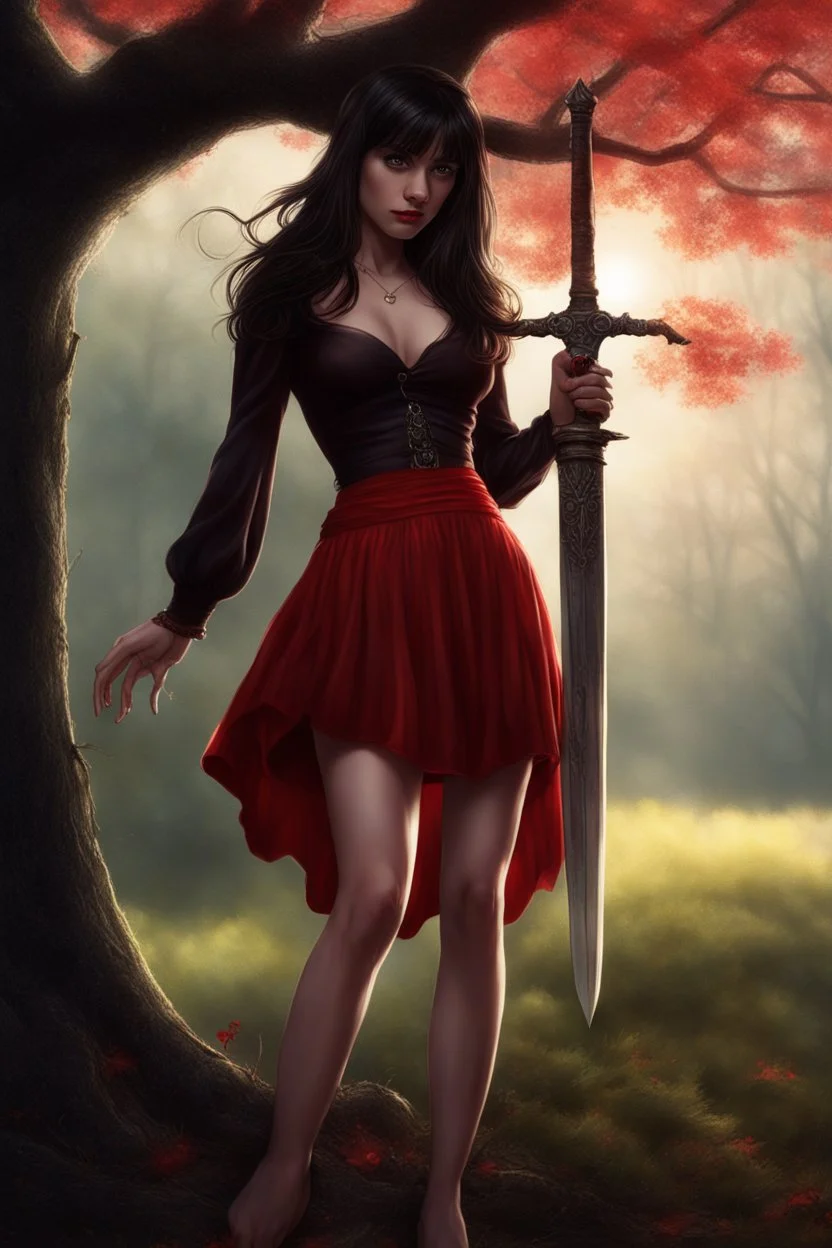 A young dark-haired witch in a red low-cut short skirt, standing under a tree, with a sword on her hip, glowing ball in her hand, photorealistic, delicate detail.