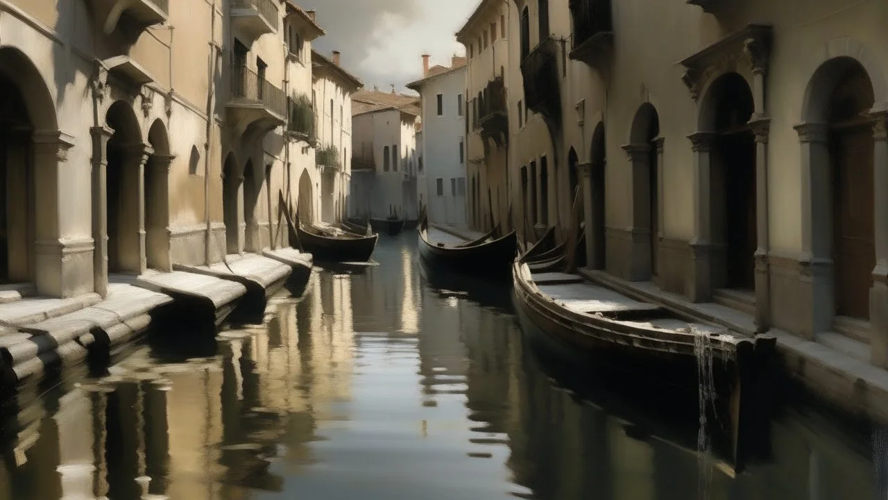 A gray shadowy oily river in a Venice like city painted by John Singer Sargent