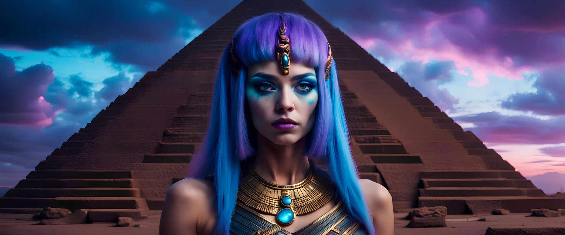 Hyper Realistic Photographic-View of a Beautiful-Alien-Cleopatra with glowing-blue-hair-&-cat-eyes standing outside her pyramid with purple-cloudy-sky at dark-rainy-night dramatic & cinematic ambiance