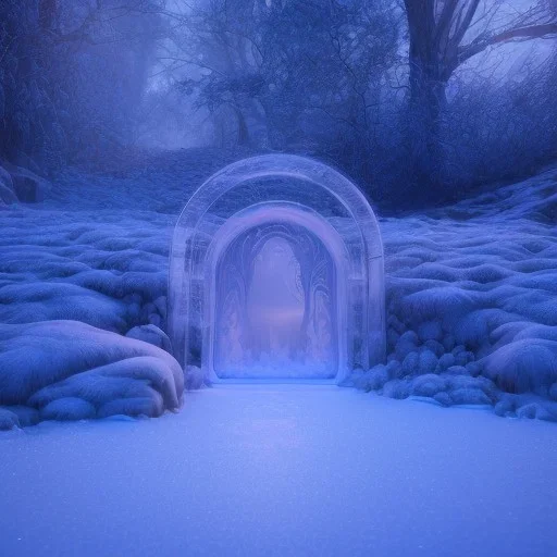 ethereal winter flowers, carved ice door at the end of ice steps, magical atmosphere, Beardsley, Unreal render, midjourney v4, cinematic blue