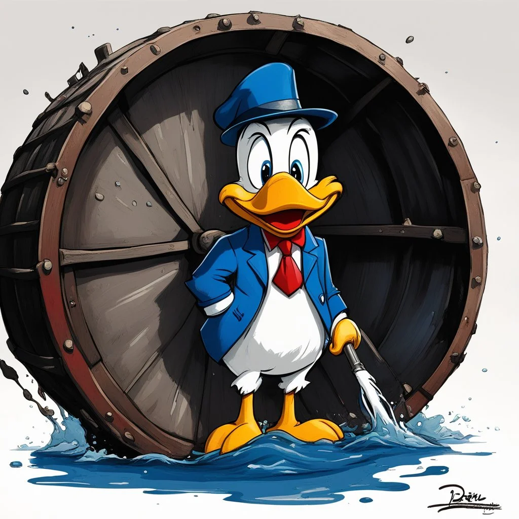 [caricature style] sad Donald Duck (in blue jacket, white sheet, red tie) inside a barrel of crude oil, covered by dark slime, one hand on the side of the barrel, a bloody writing says "the Persian quagmire", he holds a lighter in his right hand. the scene is over the strait of Hormuz