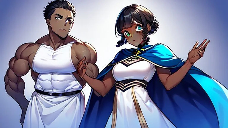 She's diminutive, with brown skin, short black dreadlocks hair. She has indigo blue eyes. She wore a long blue cape over a white dress.