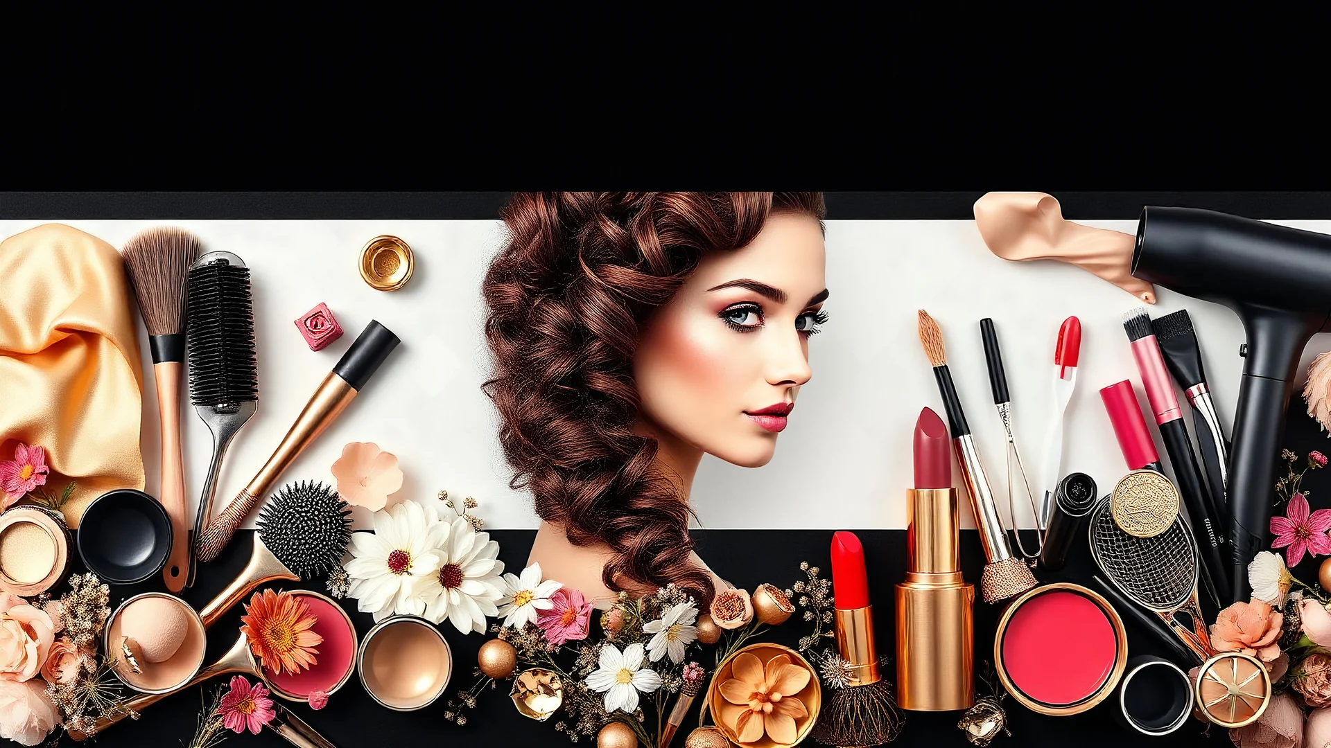 Designing a wall banner for a beauty salon horizontally with a photo of a beautiful bride's face with curly hair in the center and cosmetics around the image such as hair color varnish, hair dryer brush, lipstick, cheek rouge and all kinds of salon and nail tools in the field of chestnut and gold. black