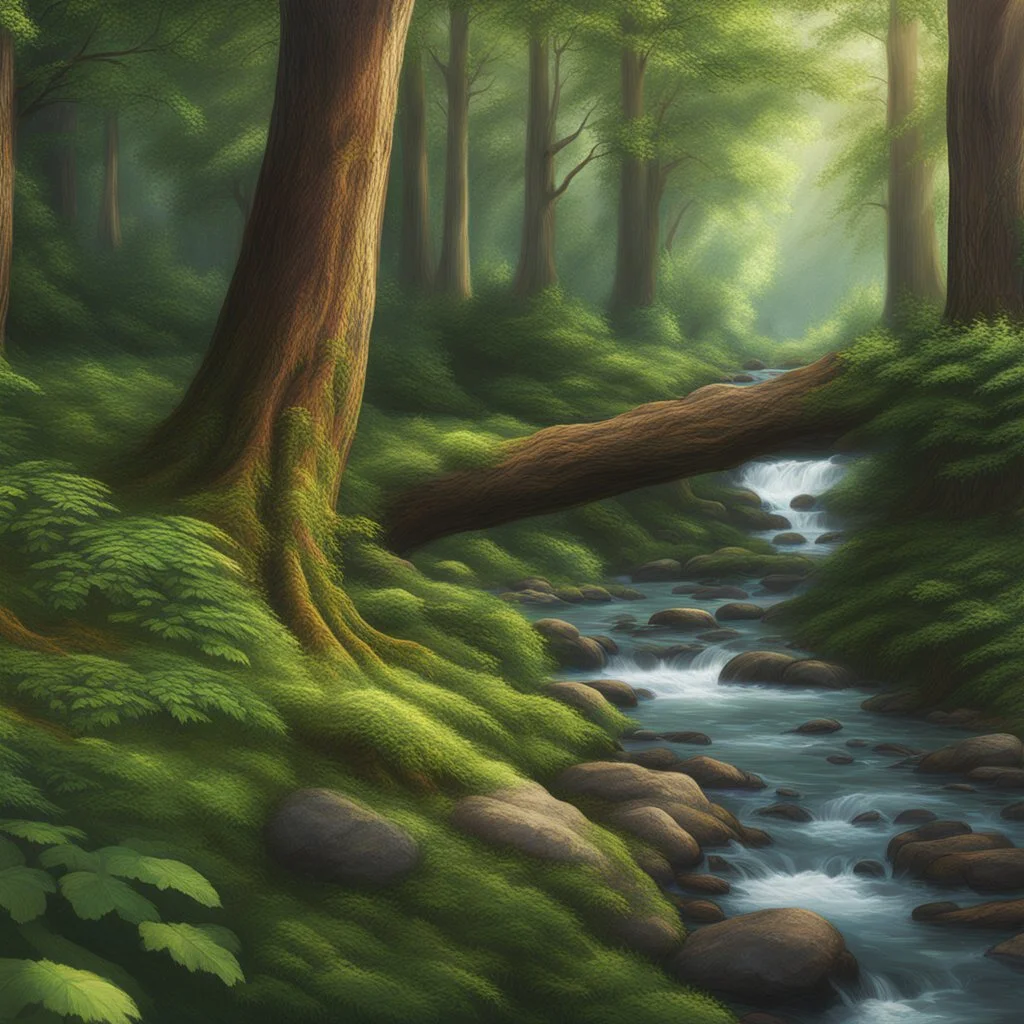 Forest and river leafy trees hyper-detailed 8k digital art