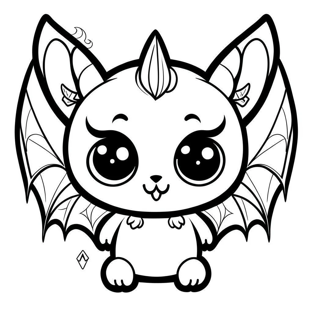 create a 2d black outline, " kawaii kitty with bat wings coloring book for kids", coloring page, low details design, black contour, coloring page design, colorful , card style, coloring page for kids, halloween backgorund,sketch style,