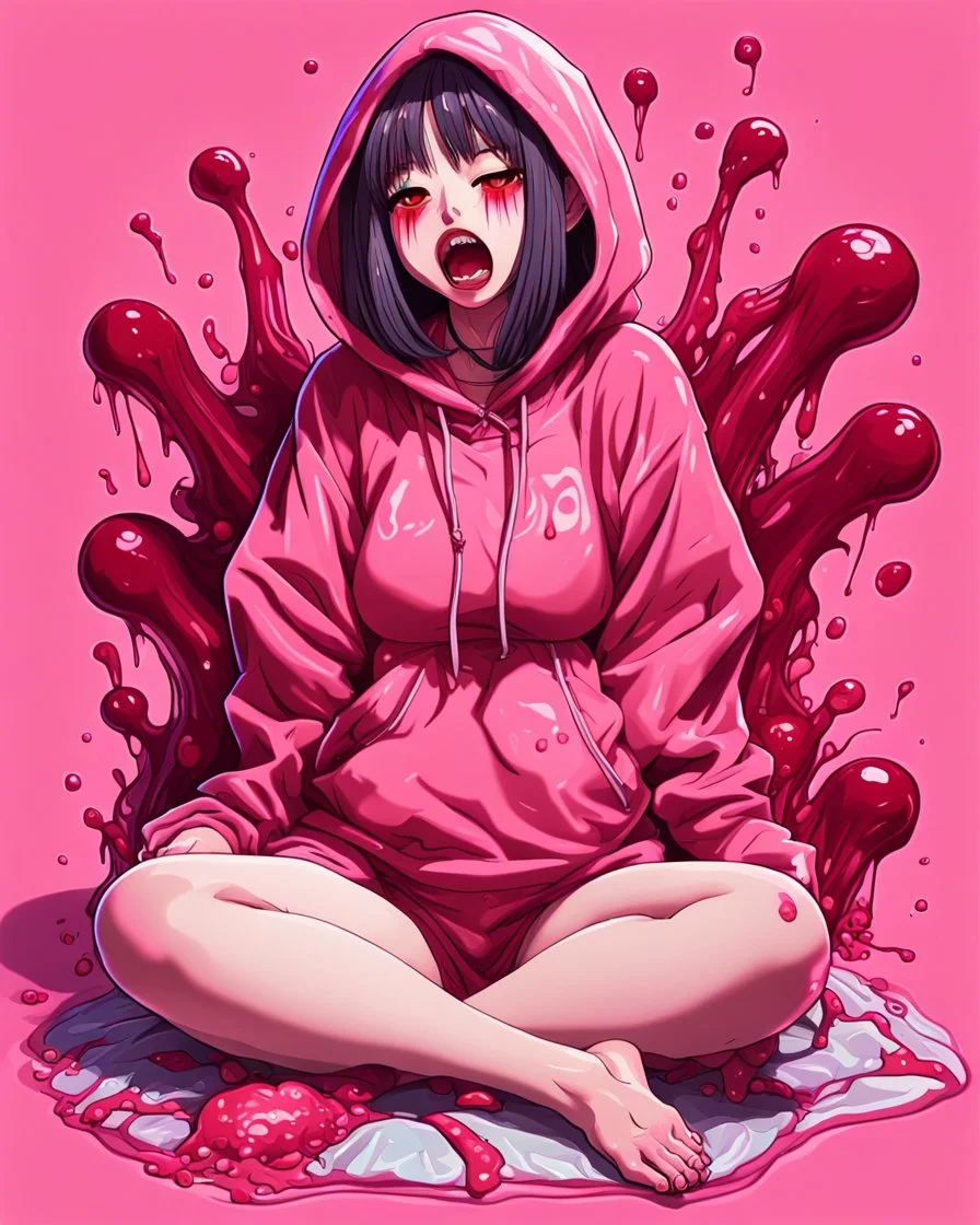 Anime girl crushed inside really darkred fleshy stomach filled with digestive juices, sit pose, fullbody, serius, tears, Junji Ito style, pink tones, pastel tetradic colors, 3D vector art, isometric style, retro aesthetic,rolling eyes, tongue out, saliva drip, open mouth,toph bei fong, croppedhoodie, underboob, mountainous horizon, 1girl, toph, bangs, black hair, blind, grey eyes, hair between eyes, hair bun, hairband, short hair, cropped hoodie underboob, cropped hoodieunderboobhoodie