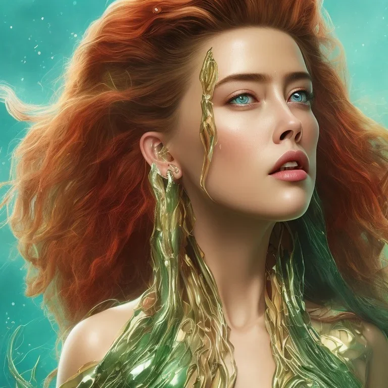 portrait head Amber Heard Aquaman curly red hairs under the green sea