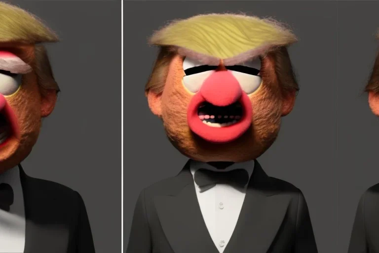 Angry muppet trump, round nose, in suit, eyebrows, spray tan mad, in middle