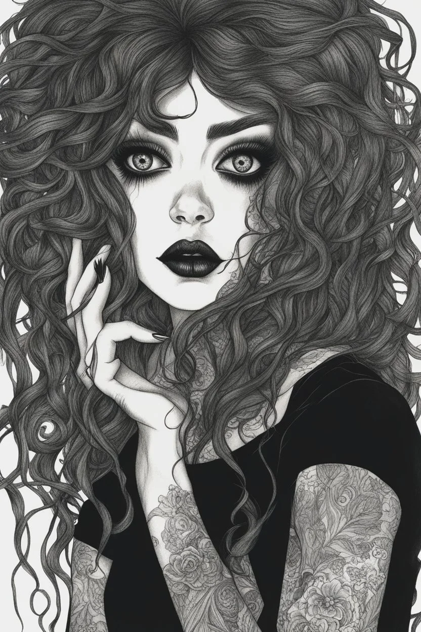 create a disturbing horror portrait of a dark haired, savage, gothpunk vampire girl with highly detailed , sharply defined hair and facial features, in a dark, otherworldly London in the style of Junji Ito, precisely drawn, inked, with dramatic edges,